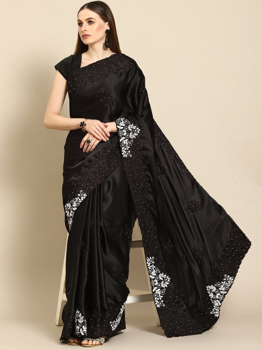 Anouk Black Ethnic Motifs Beads and Stones Satin Saree - Distacart