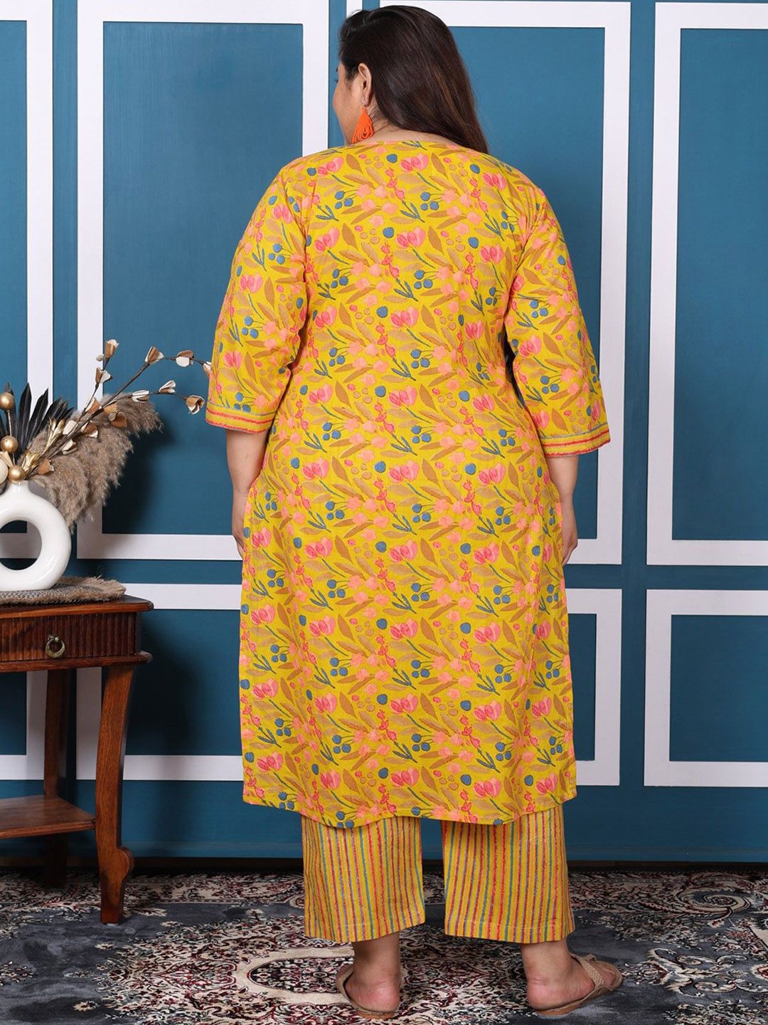 Swasti Plus Size Floral Printed Pure Cotton Straight Kurta with Palazzos & With Dupatta