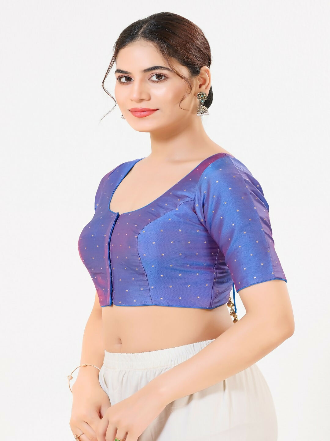 Joban Fashion 2t Blue Taffeta Silk Elbow Sleeveless Front Open Blouse