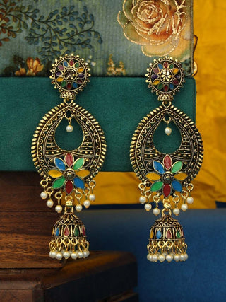 Anikas Creation Gold-Toned & Multicoloured Contemporary Jhumkas Earrings - Distacart