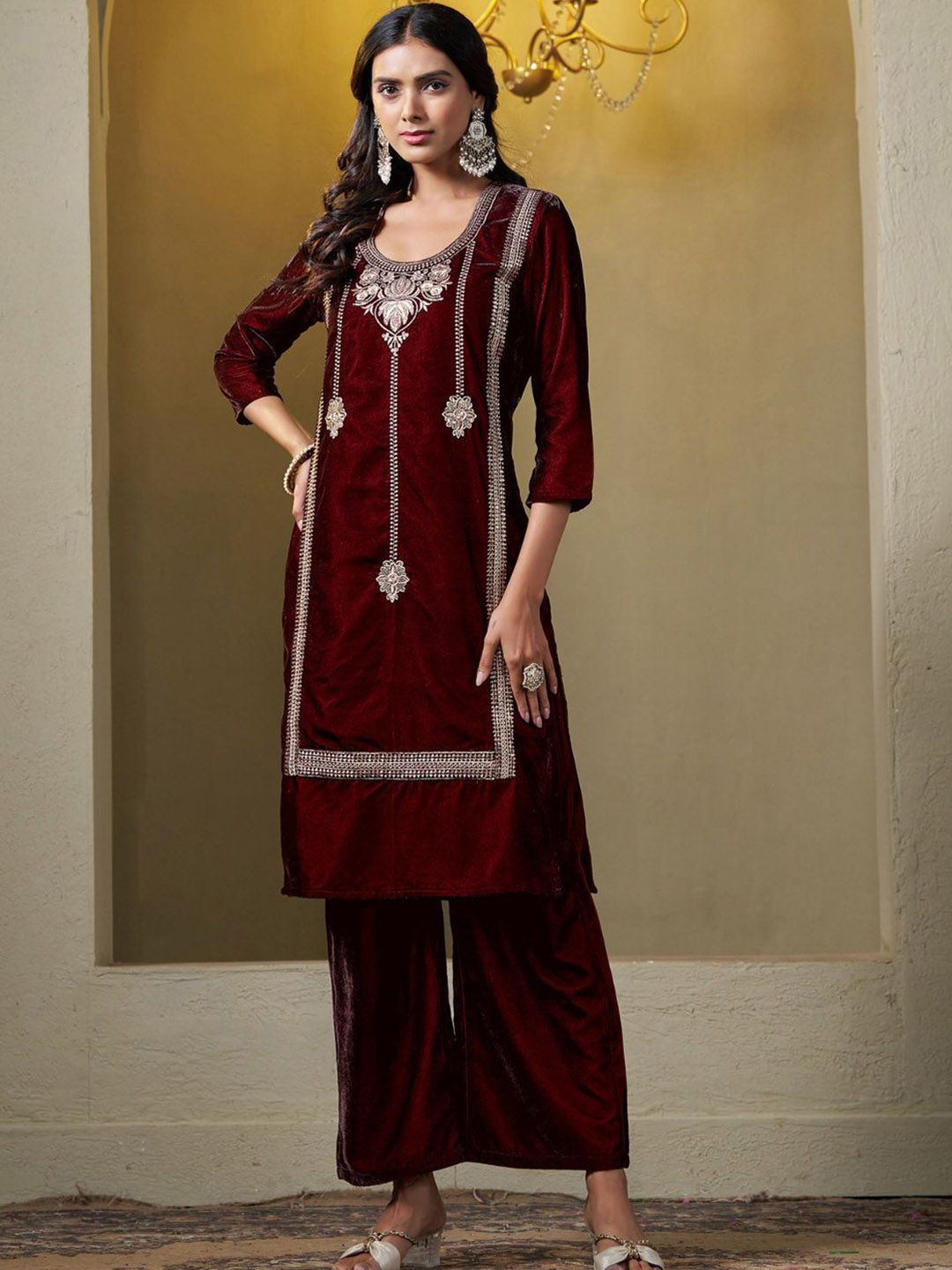 Sangria Floral Embroidered Round Neck Straight Velvet Kurta With Trousers & Dupatta