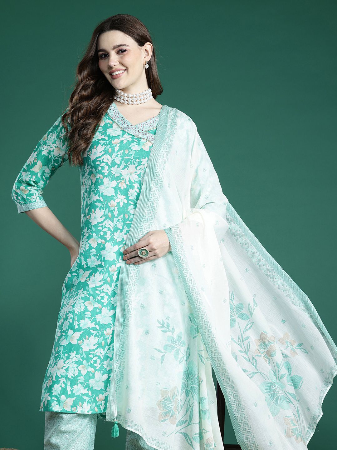 Sangria Floral Printed Angrakha Thread Work Pure Cotton Kurta with Trousers & With Dupatta - Distacart