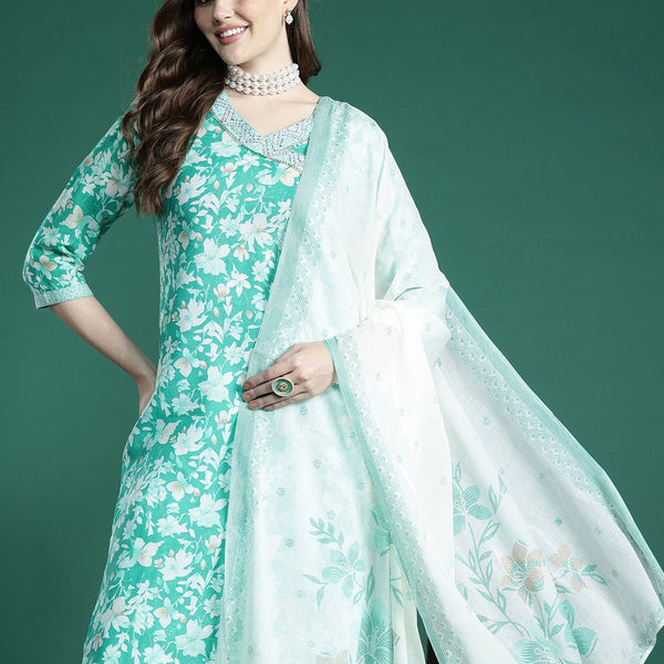 Sangria Floral Printed Angrakha Thread Work Pure Cotton Kurta with Trousers & With Dupatta - Distacart