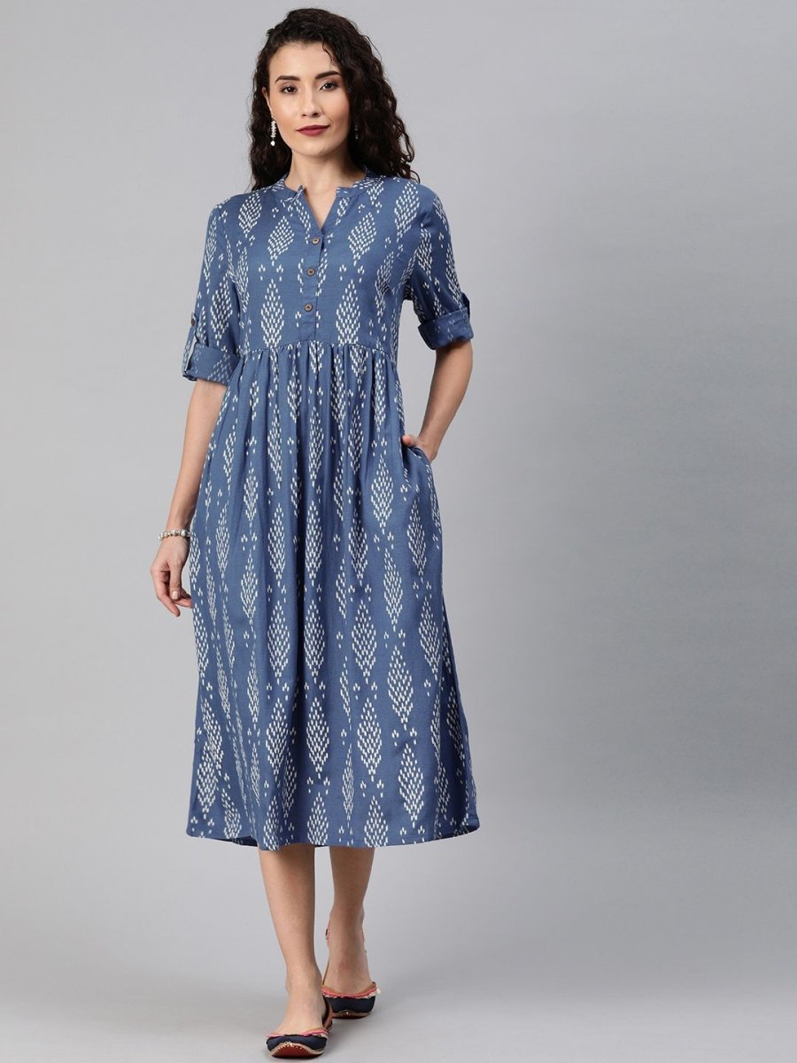 Anouk Women Blue & Grey Printed A-Line Fusion Kurta - Distacart