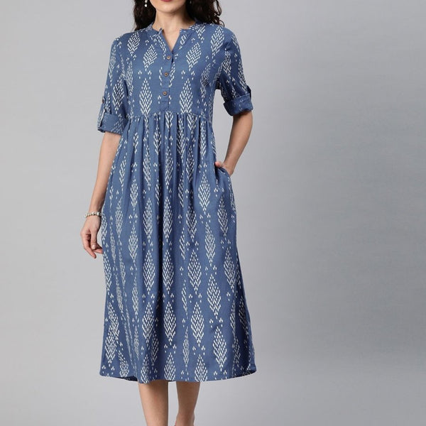Anouk Women Blue & Grey Printed A-Line Fusion Kurta - Distacart