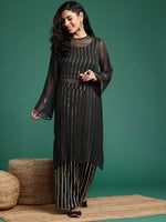 Thumbnail for Sangria Lace Detailed Regular Pure Cotton Gotta Patti Top with Palazzos & Semi Sheer Kurta - Distacart