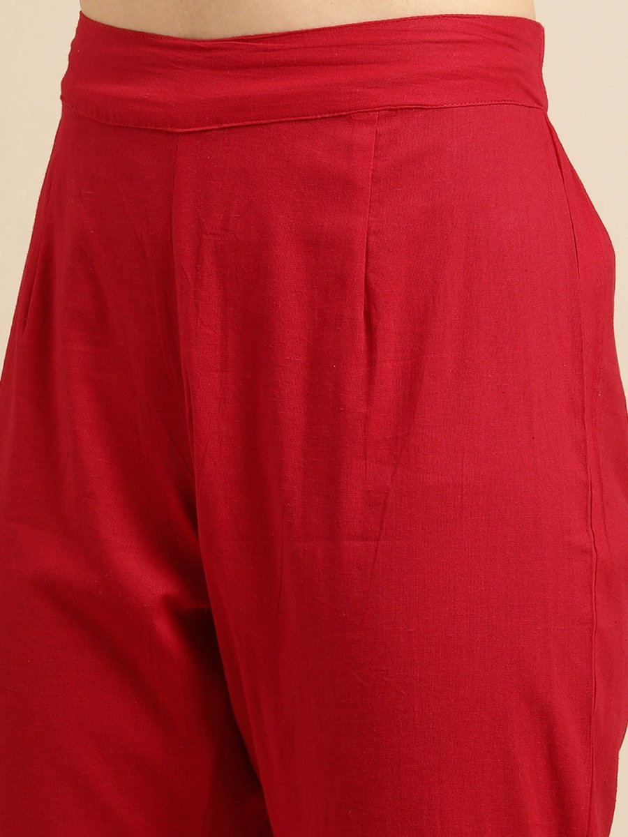 All About You Women Red Floral Printed Pure Cotton Kurta with Trousers - Distacart