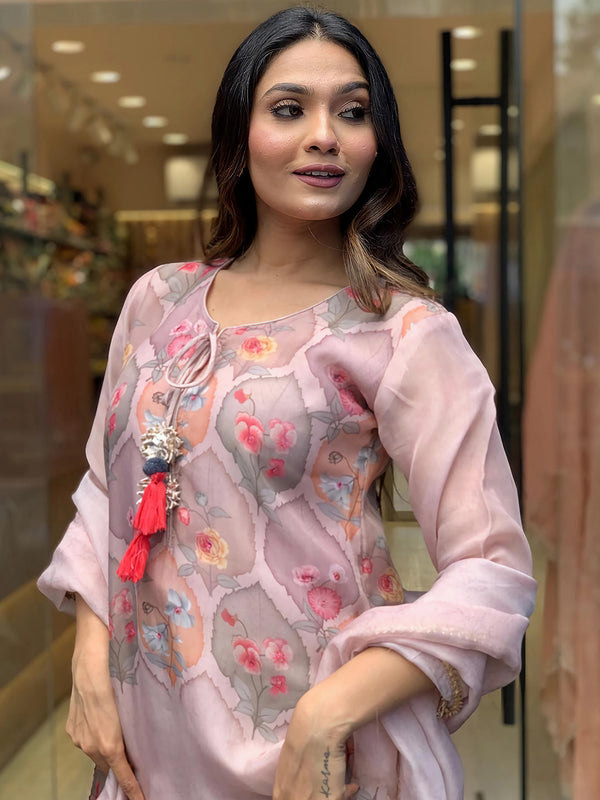 Kalini Floral Printed Tie-Up Neck Kurta With Trousers & Dupatta - Distacart