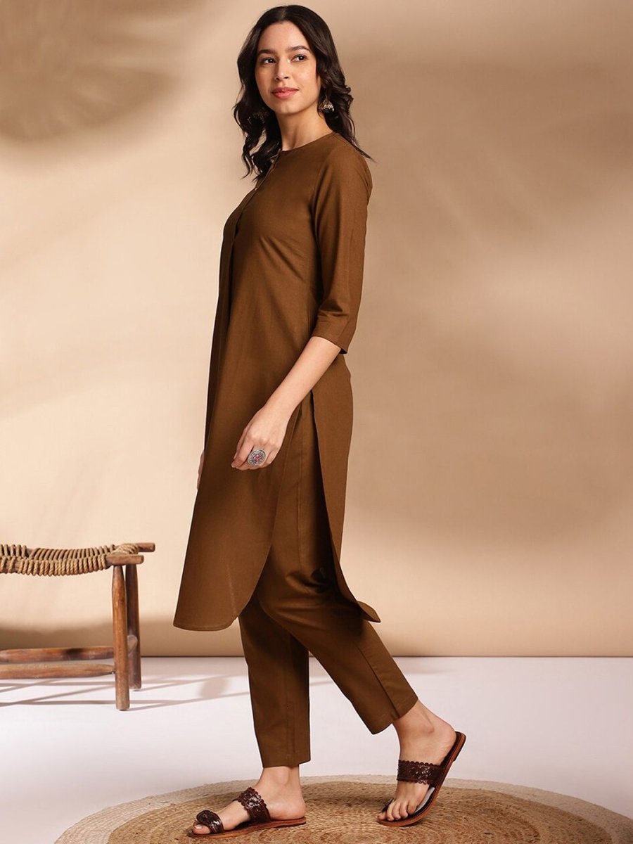 Anouk Olive Round Neck Straight Curved Pleated Kurta With Trouser