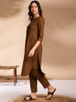 Thumbnail for Anouk Olive Round Neck Straight Curved Pleated Kurta With Trouser