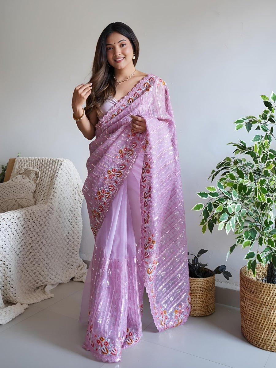 Anouk Lavender Embellished Sequinned Organza Saree - Distacart