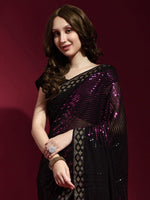 Thumbnail for Anouk Black & Pink Embellished Sequinned Pure Georgette Saree - Distacart