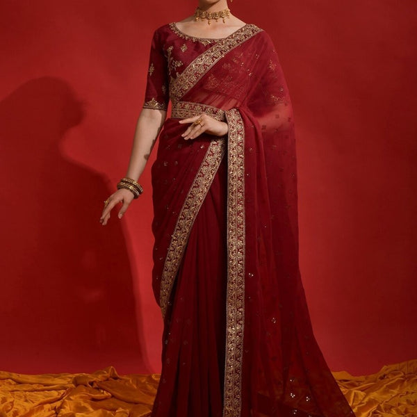 Anouk Maroon Embellished Sequinned Pure Georgette Saree - Distacart