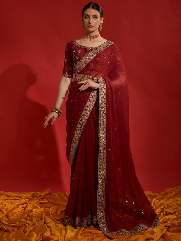 Anouk Maroon Embellished Sequinned Pure Georgette Saree - Distacart