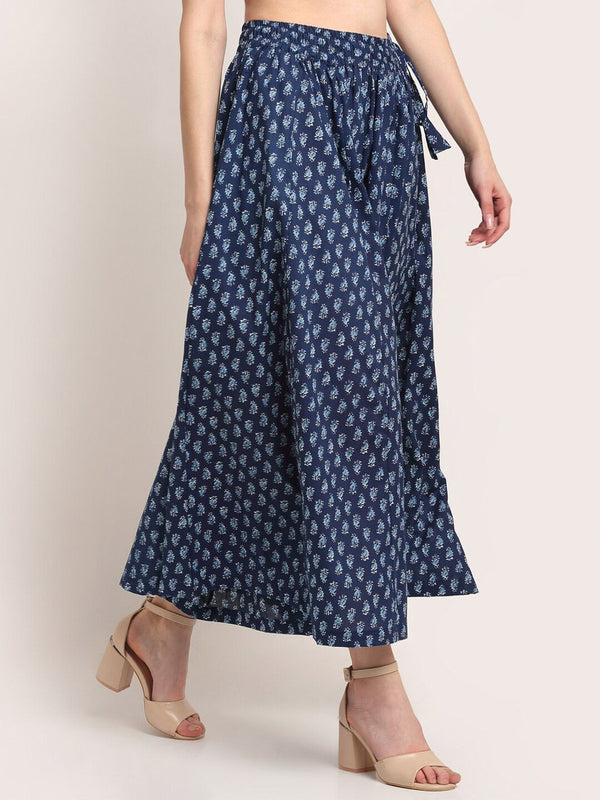 TAG 7 Women Navy Blue Ethnic Motifs Printed Flared Cotton Ethnic Palazzos