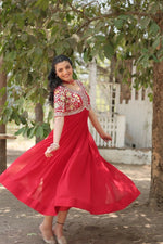 Thumbnail for Aastha Fashion Women's Red Faux Blooming Embroidery Zari Sequins-work Gown - Distacart
