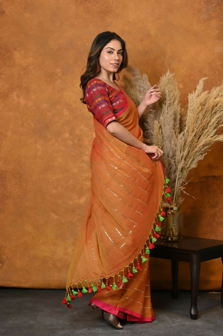 Very Much Indian Designer Mul Cotton Handloom Saree with Sequins - Orange - Distacart