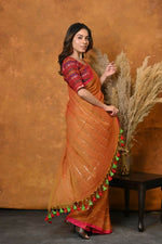 Thumbnail for Very Much Indian Designer Mul Cotton Handloom Saree with Sequins - Orange - Distacart