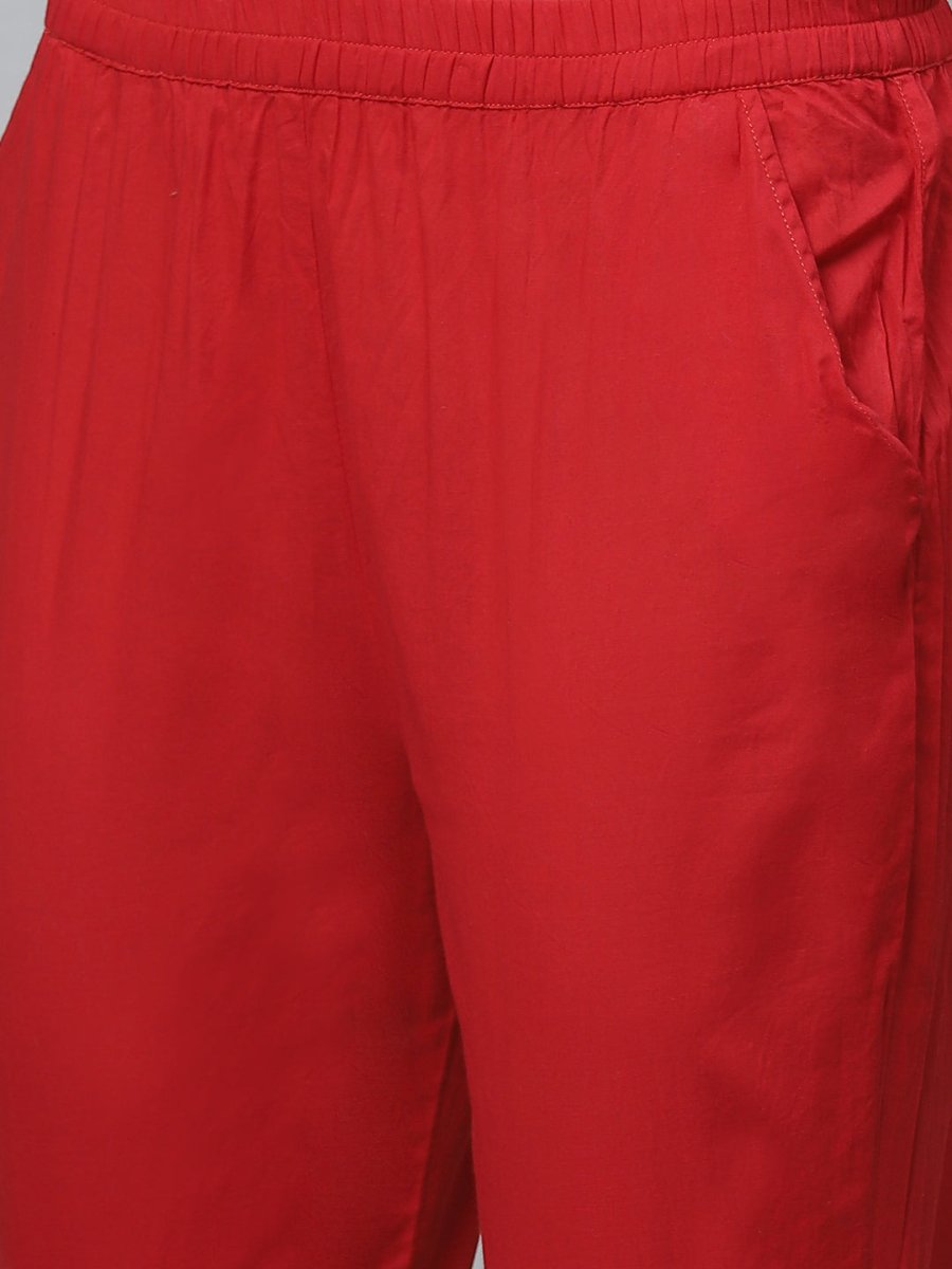 ADA Women Red & Green Chikankari Hand Embroidered Sustainable Handloom Kurta with Trousers - Distacart
