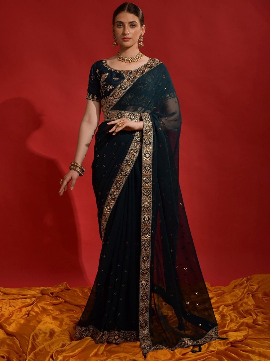 Anouk Teal & Gold-Toned Embellished Embroidered Pure Georgette Saree - Distacart