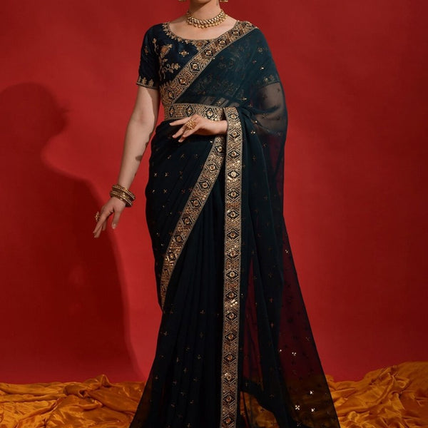 Anouk Teal & Gold-Toned Embellished Embroidered Pure Georgette Saree - Distacart