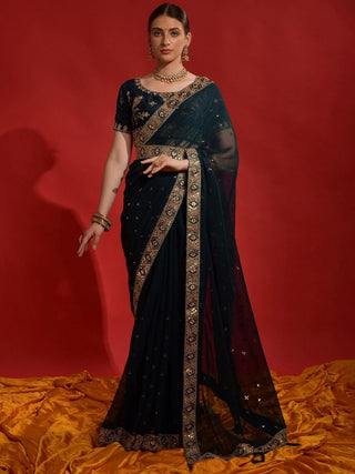 Anouk Teal & Gold-Toned Embellished Embroidered Pure Georgette Saree - Distacart