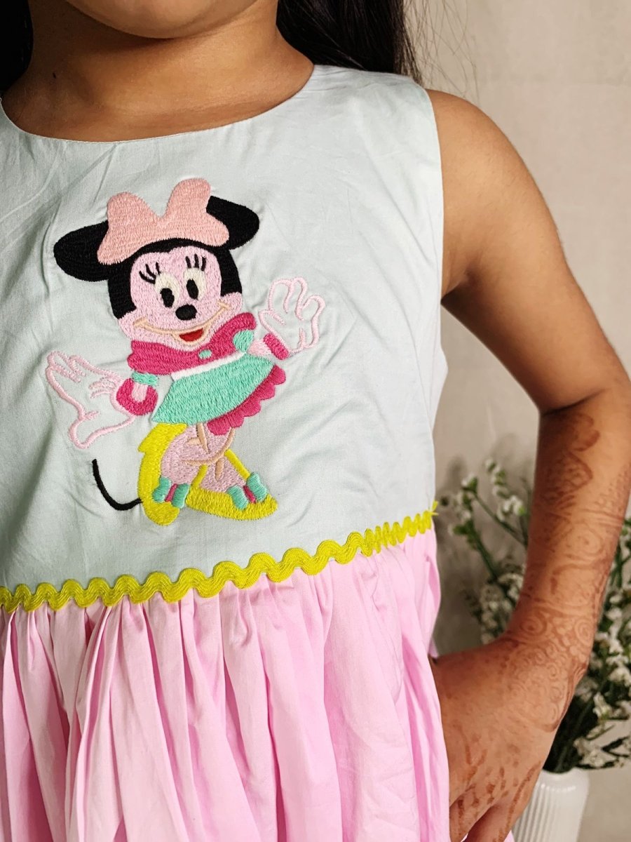 ArthLife Pink And Cyan Minnie Embroidered Dress - Distacart