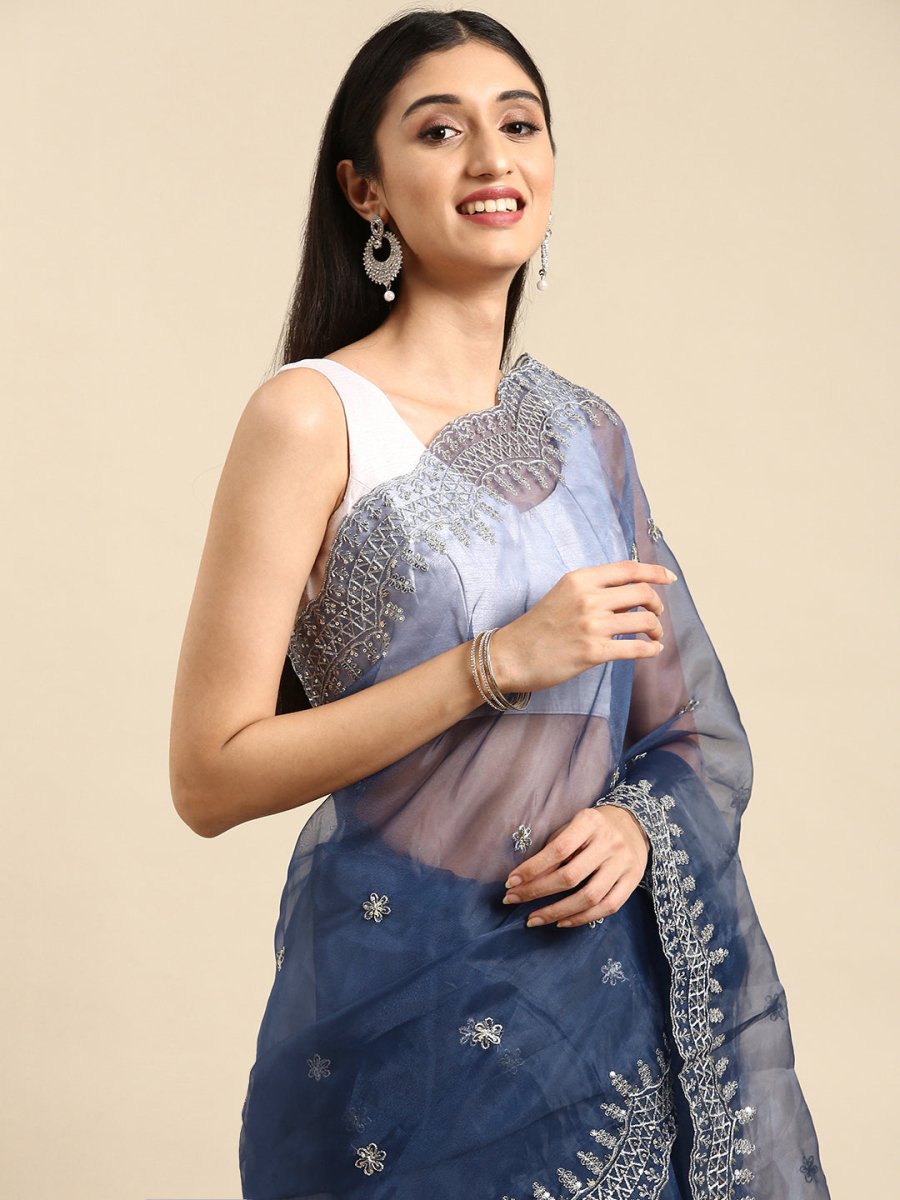 Anouk Navy Blue & Silver-Toned Sequinned & Woven Design Organza Saree - Distacart
