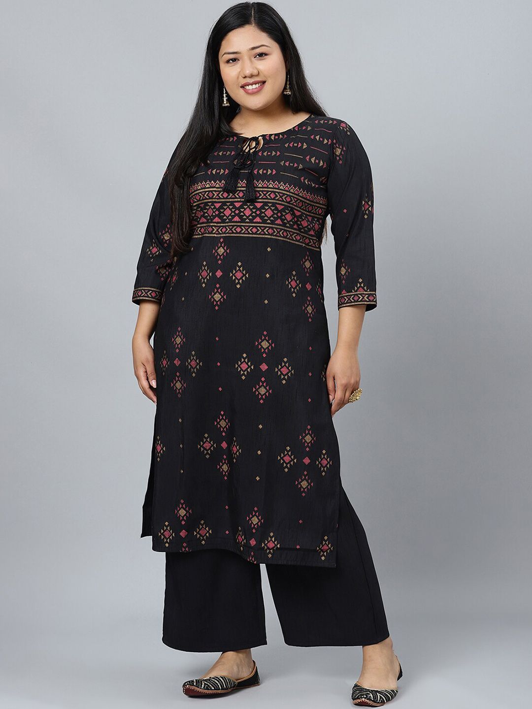 Sztori Plus Size Black Printed Keyhole Neck Straight Kurta with Palazzos - Distacart