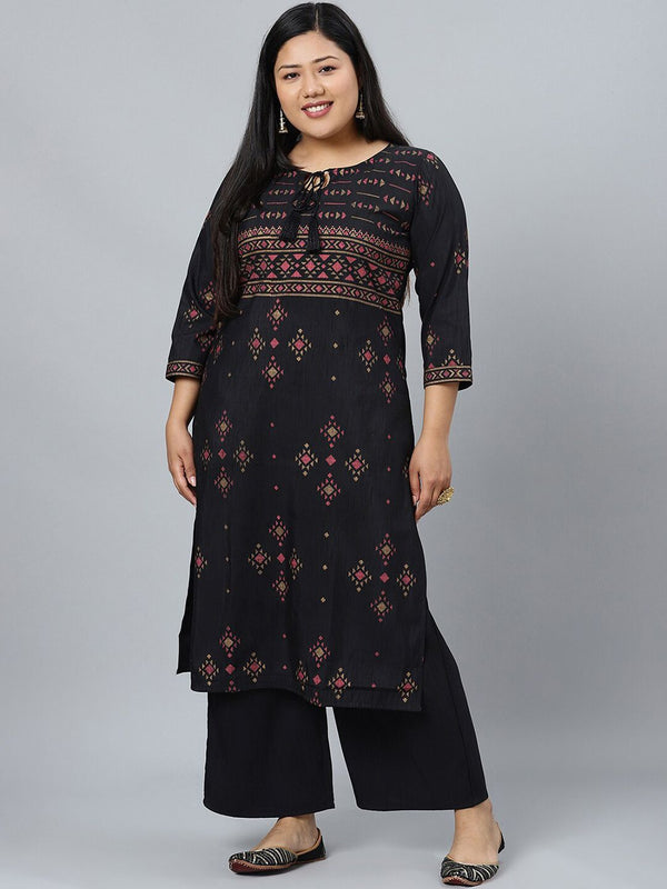 Sztori Plus Size Black Printed Keyhole Neck Straight Kurta with Palazzos - Distacart