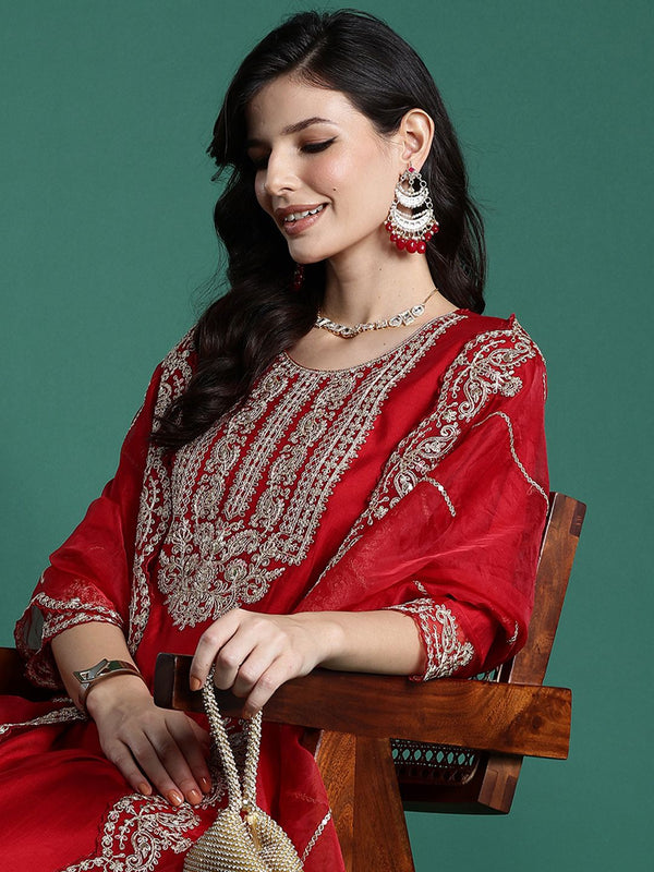 Indo Era Ethnic Motifs Embroidered Sequinned Liva Kurta With Trousers & Dupatta