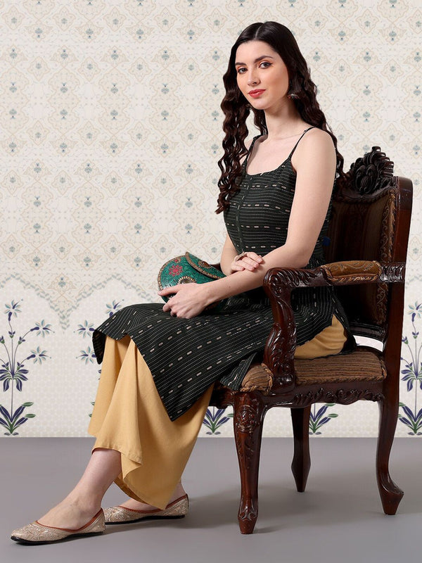 Ode by House of Pataudi Cotton Geometric Texture Shoulder Straps Kurta - Distacart
