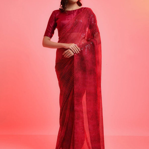 Anouk Red & Gold-Toned Embellished Sequinned Pure Georgette Saree - Distacart