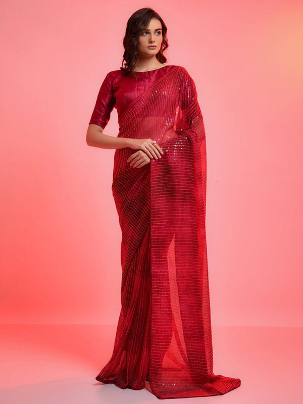 Anouk Red & Gold-Toned Embellished Sequinned Pure Georgette Saree - Distacart