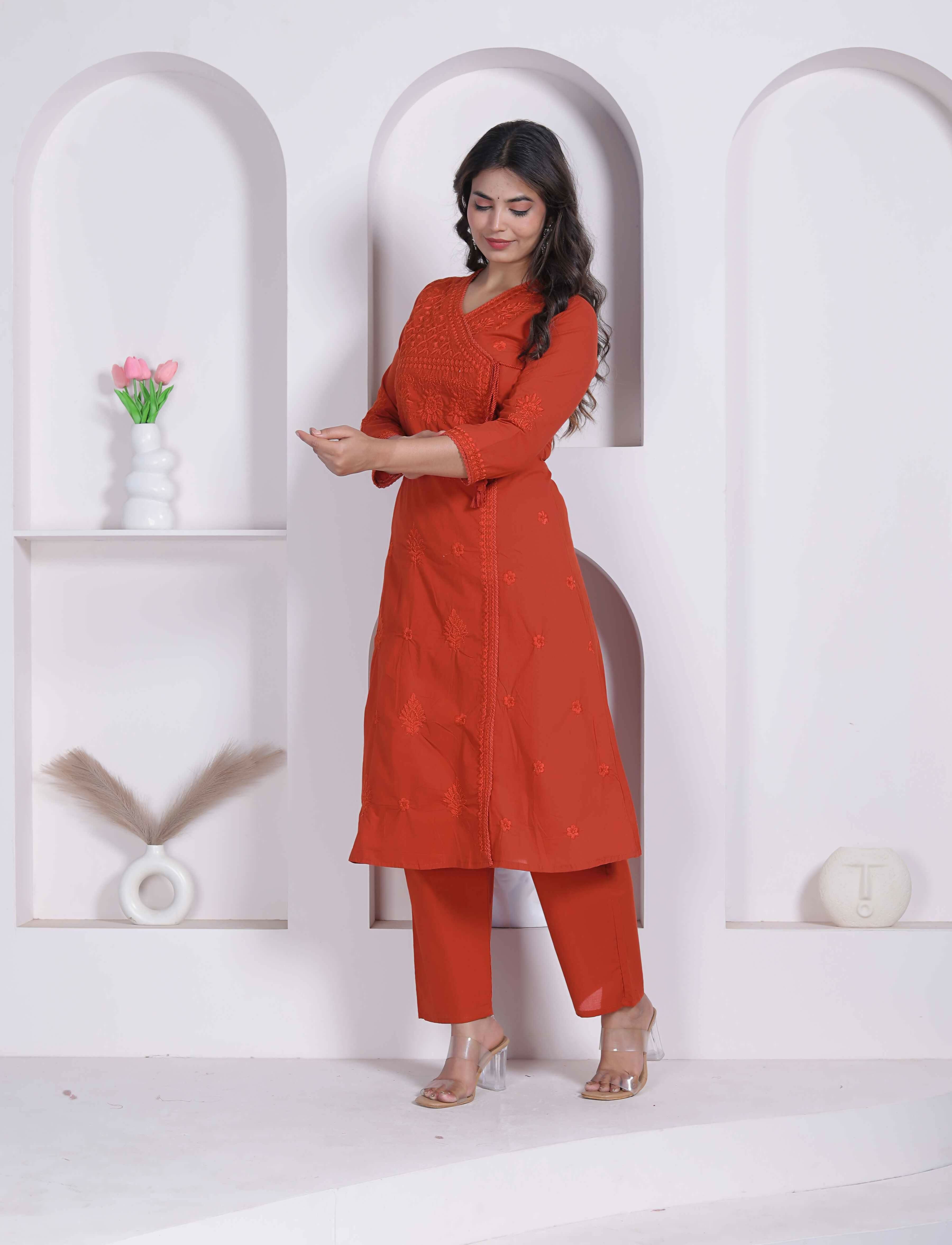 Miravan Womens Rust Floral Printed Angrakha Style Kurta With Palazzo - Dista