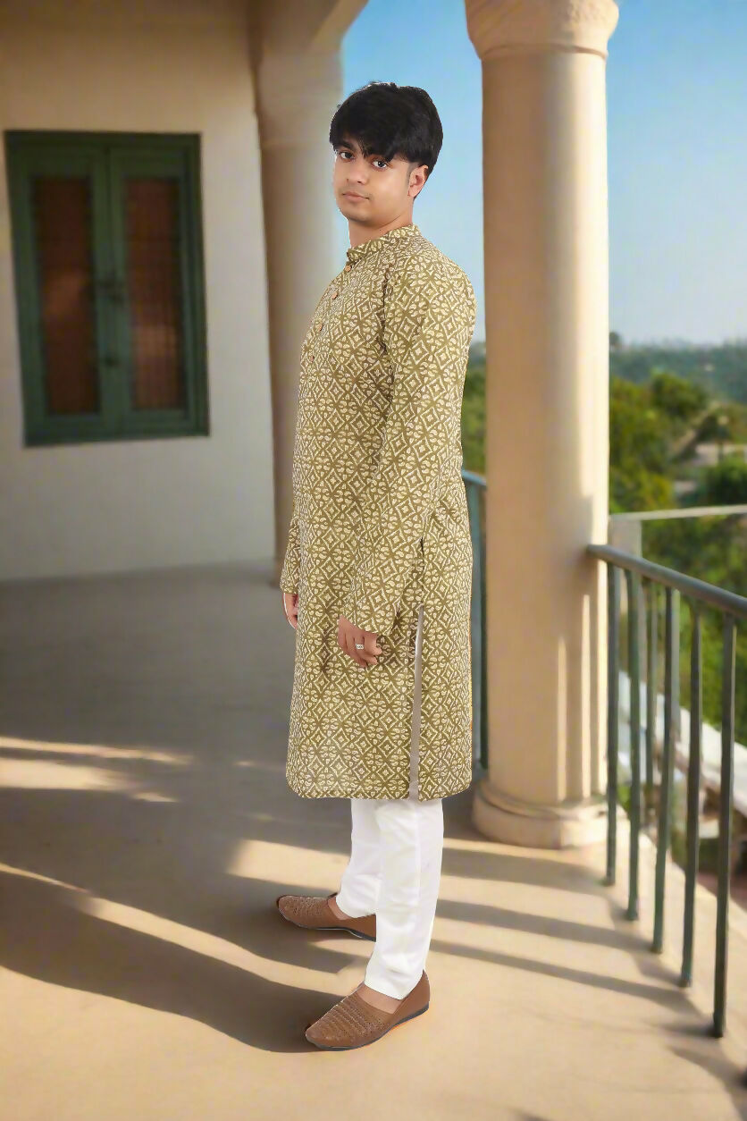 Souchii Men Pure Cotton Geometric Printed Straight Kurta