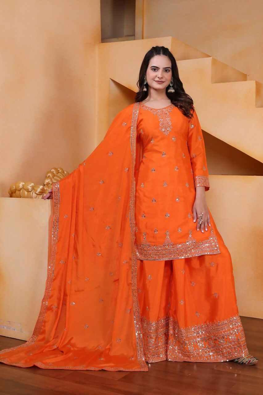 Teeya Creation Orange Color Chinon Silk Wedding Wear Trending Palazzo Set