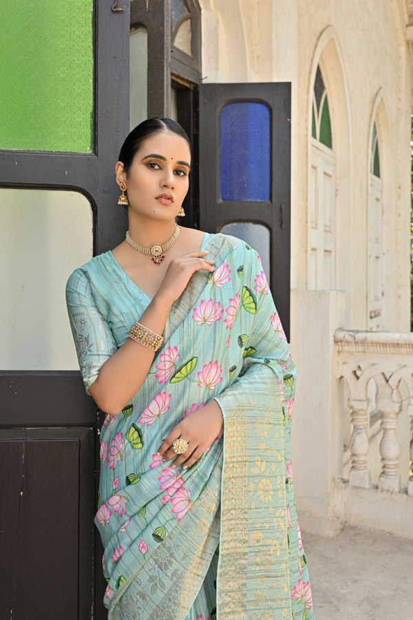 Vishnu Weaves Women's Sea-Green Banarasi Silk Saree with Blouse - Distacart