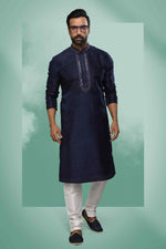 Thumbnail for Raivat Ethnic Art Silk Mirror Embroidery Work Kurta Pajama In Blue Colour - Dista