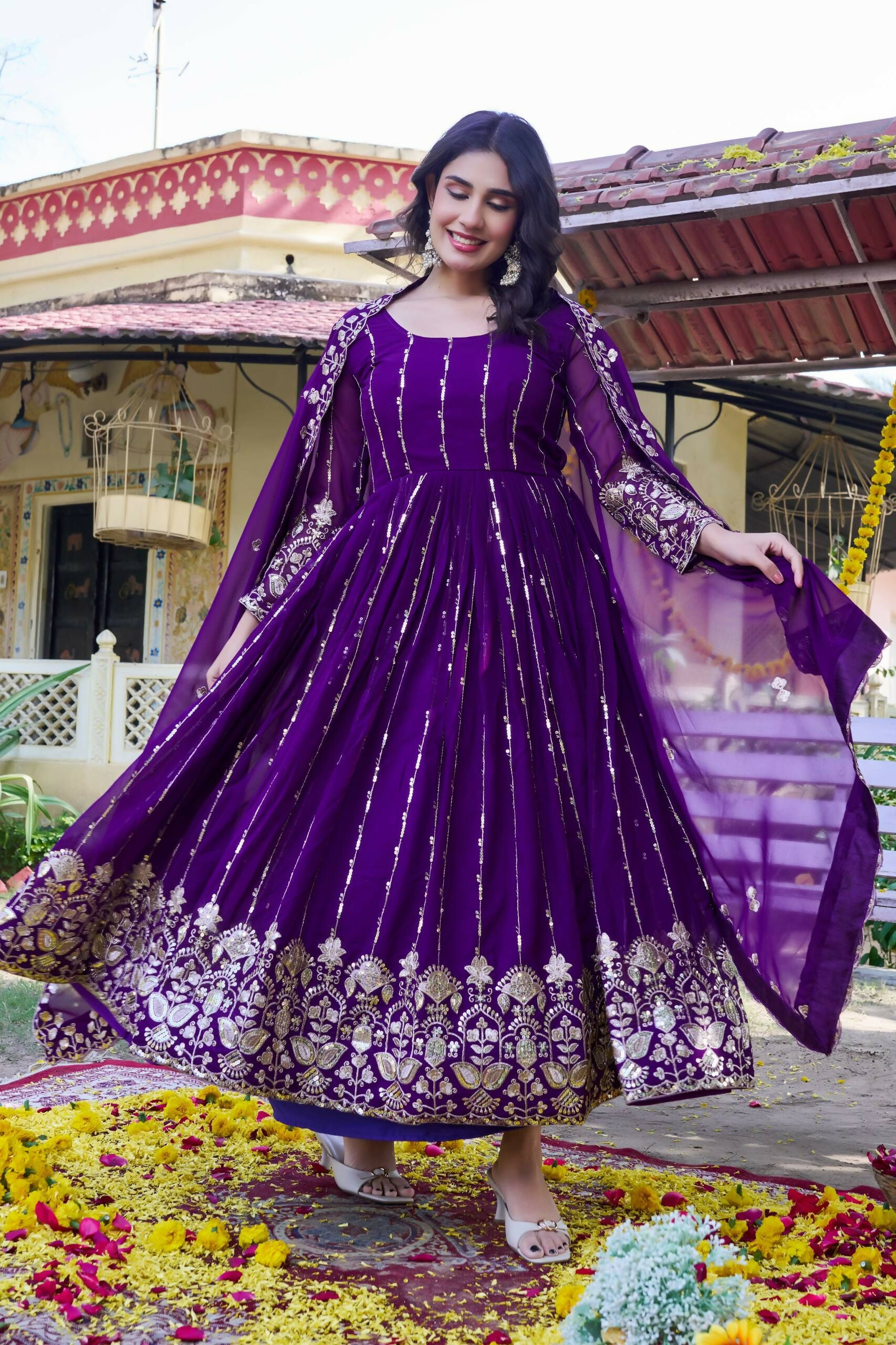 Teeya Creation Womens Casual Party Wear Heavy 5mm Sequence Embroidery Work Purple Gown Set - Dista
