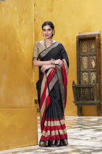 Thumbnail for Vastranavya Black Printed with Zari Weaving Work Poly Cotton Saree & Unstitched Blouse - Distacart