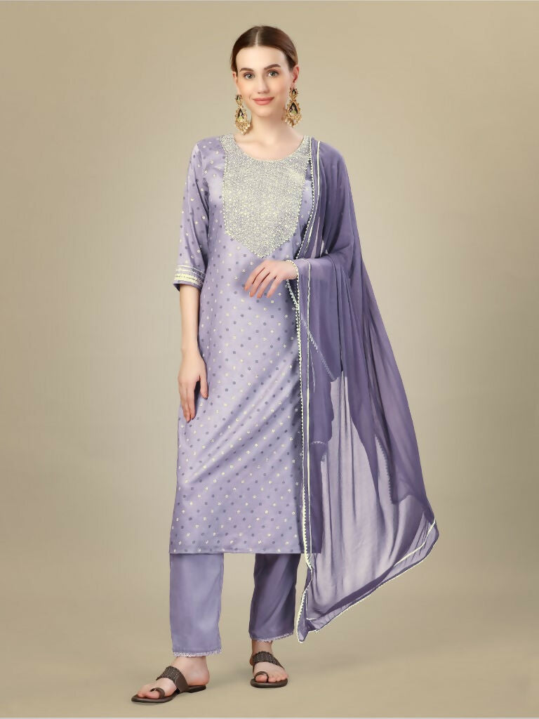 Jyoti Fashion Women's Lavender Silk Blend Embroidery & Sequence work Kurta with Trouser & Dupatta - Distacart