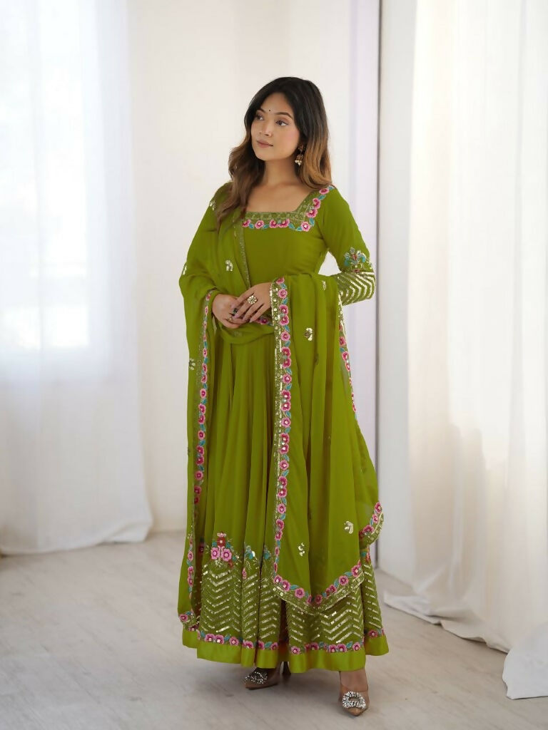 Teeya Creation Green Color Heavy Georgette Wedding Wear Embroidery Work Long Gown