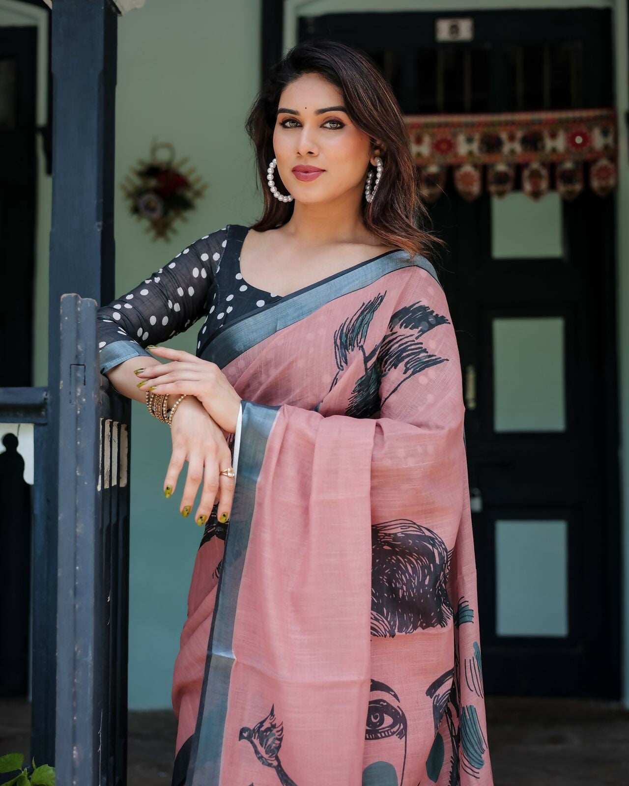 Preksha Creation Dusty Pink Wedding Linen Striking Face And Bird Prints Women Saree