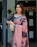 Thumbnail for Preksha Creation Dusty Pink Wedding Linen Striking Face And Bird Prints Women Saree