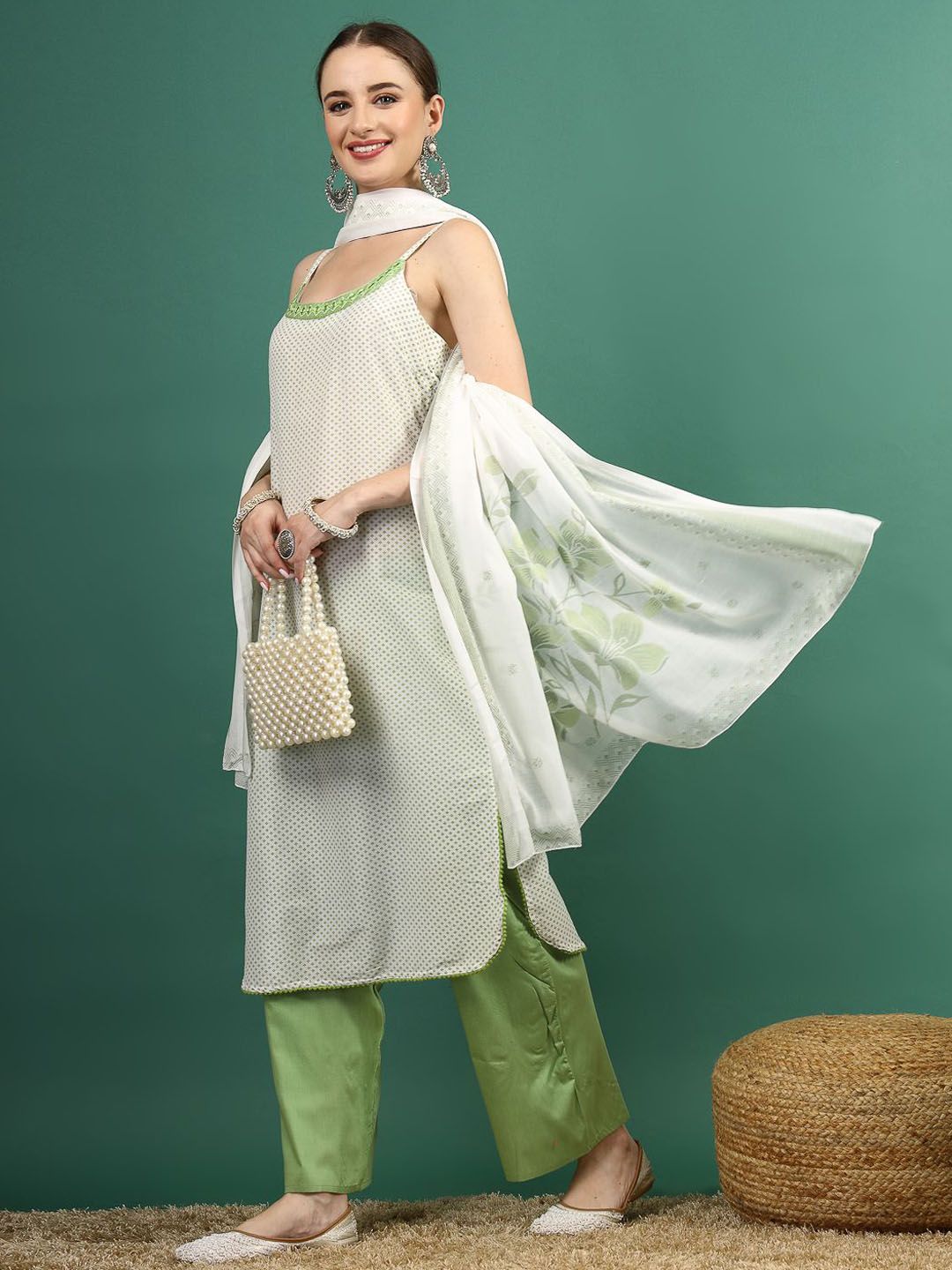 Sangria White Geometric Printed Shoulder Straps Mirror Work Kurta & Palazzos With Dupatta - Distacart