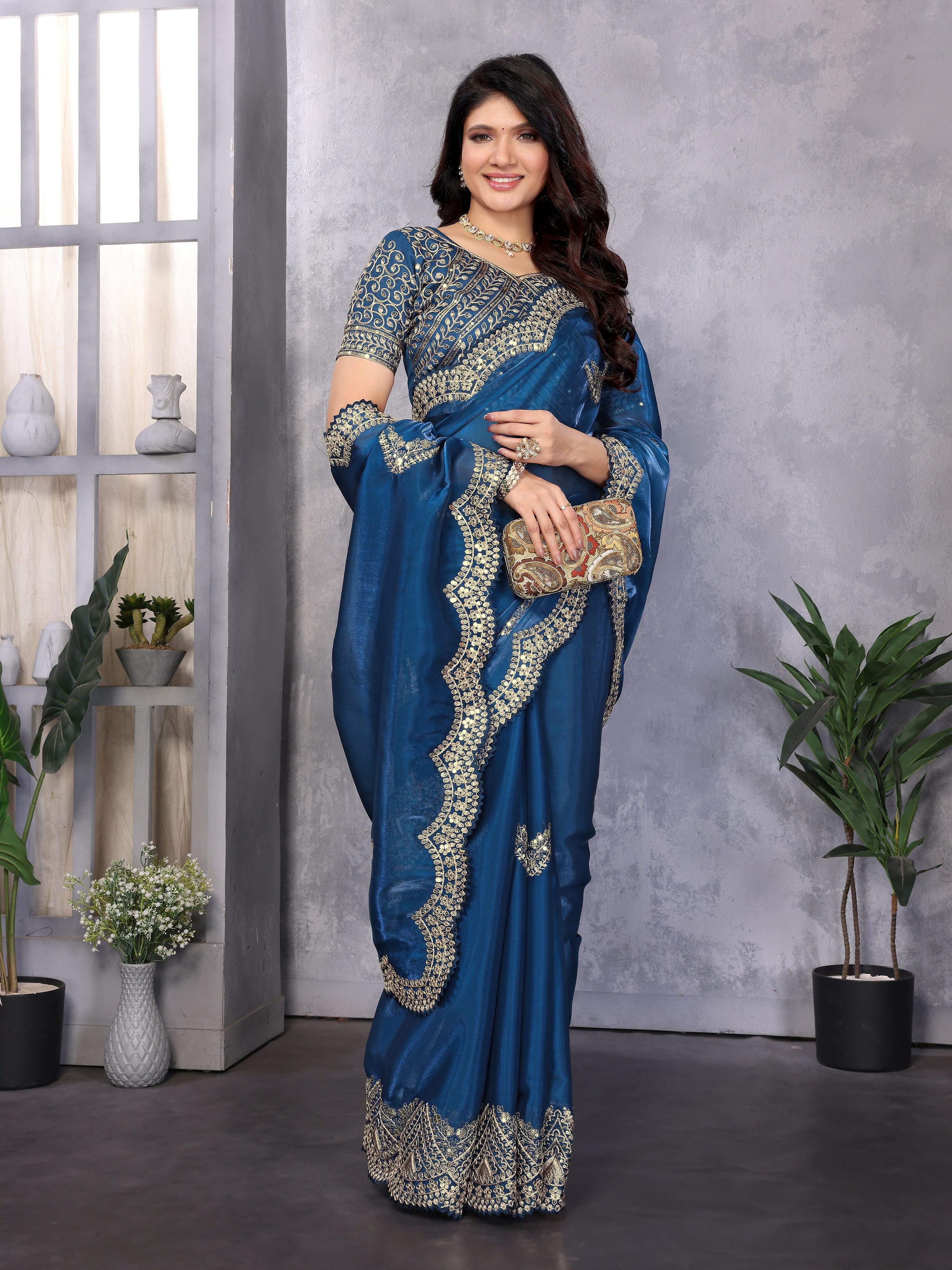 Vastranavya Blue Embroidery Work Shimmer Chiffon Saree with Unstitched Blouse
