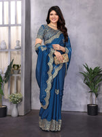 Thumbnail for Vastranavya Blue Embroidery Work Shimmer Chiffon Saree with Unstitched Blouse