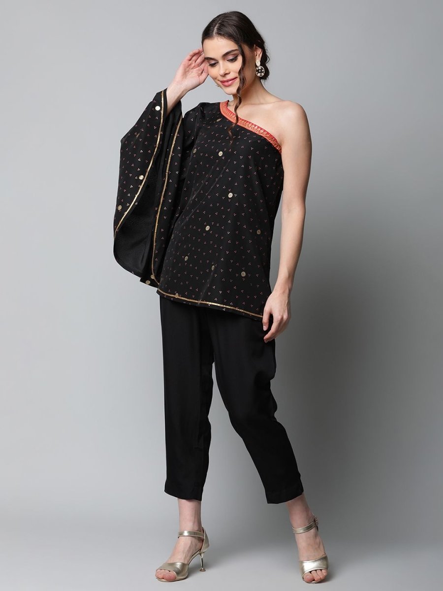 Ahalyaa Women Black Crepe Printed Top with Trouser Set - Distacart