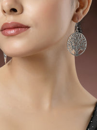 Thumbnail for NVR Women's Silver-Toned Circular Shape German Silver Oxidised Drop Earrings - Distacart